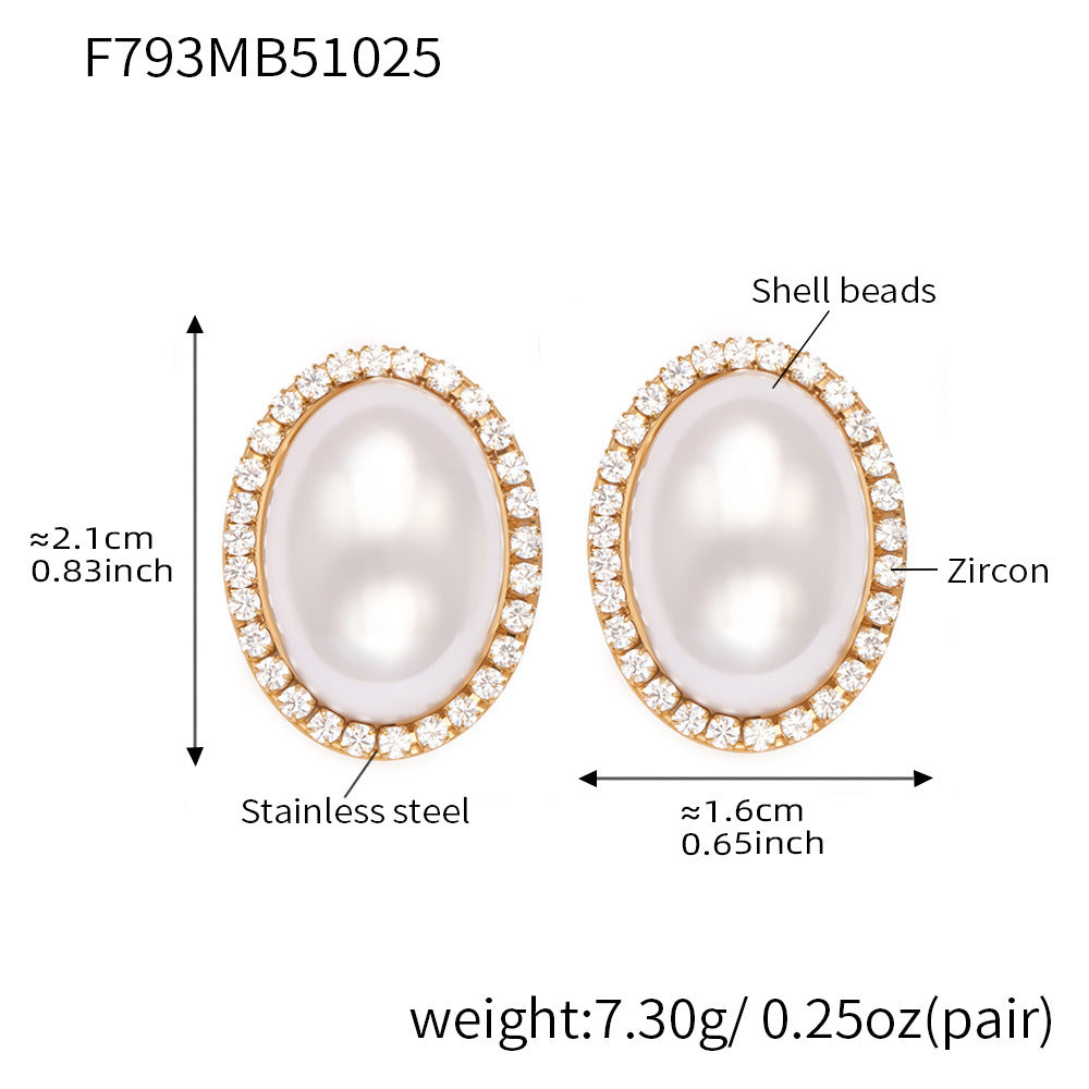 316L Stainless Steel French Chic Oval Shell Pearl & Zircon Earrings - Image 4