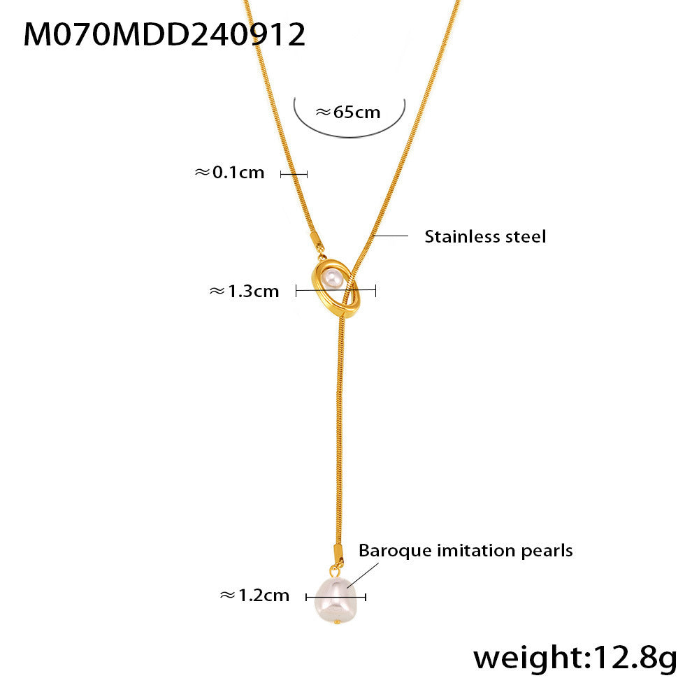 316L Stainless Steel French Tassel Imitation Pearl Long Adjustable Sweater Necklace - Image 1