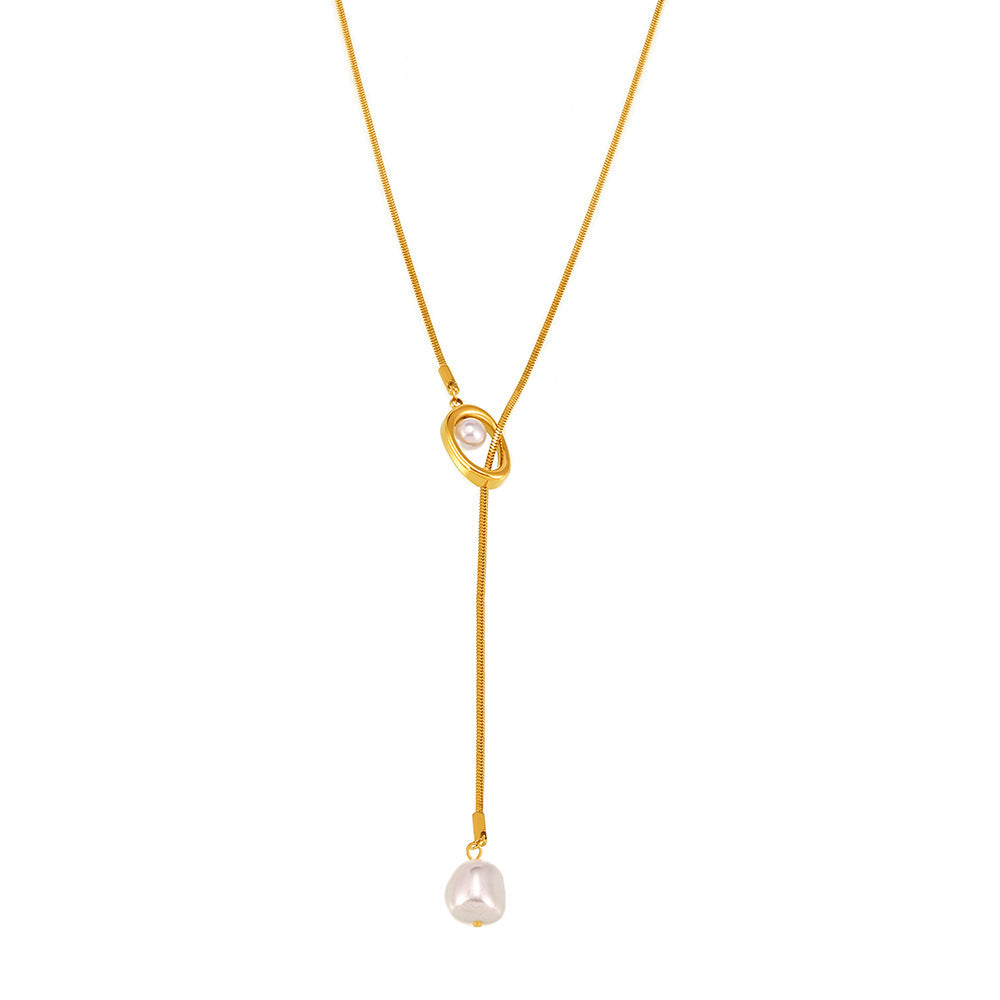 316L Stainless Steel French Tassel Imitation Pearl Long Adjustable Sweater Necklace