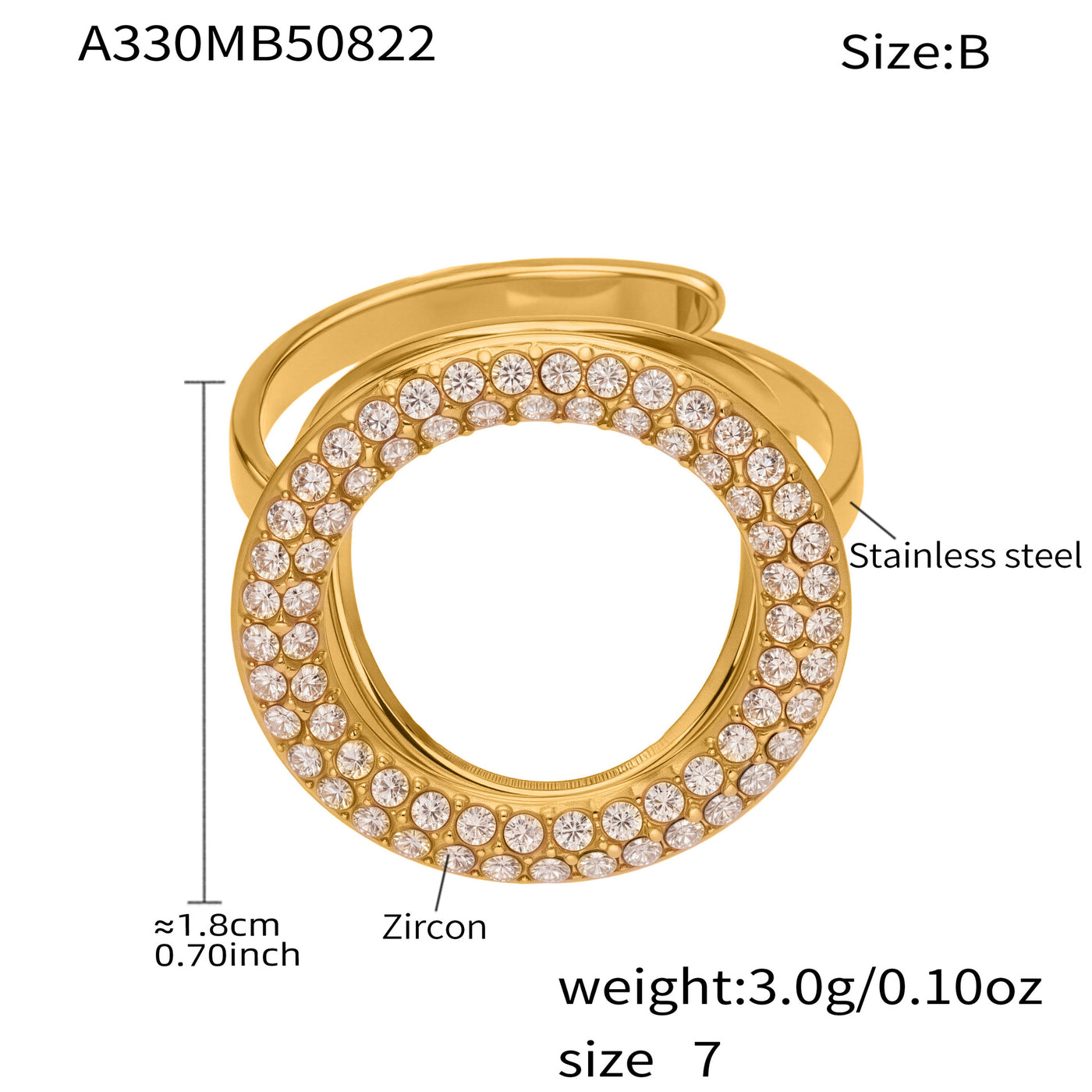 316L Stainless Steel Full Zircon Heart & Circle Open Ring - Image 11