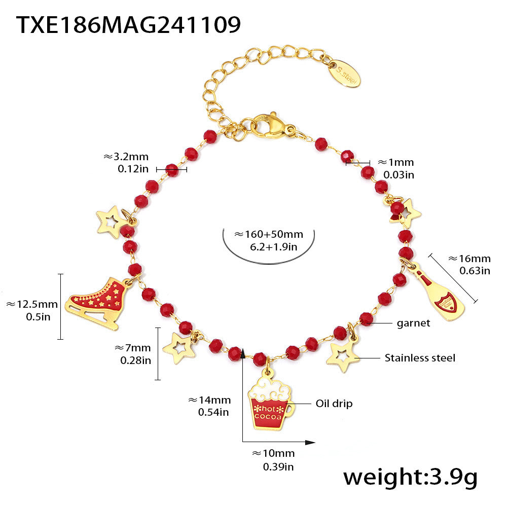 316L Stainless Steel Garnet Beaded Geometric Pendant Necklace & Bracelet Set - Image 6