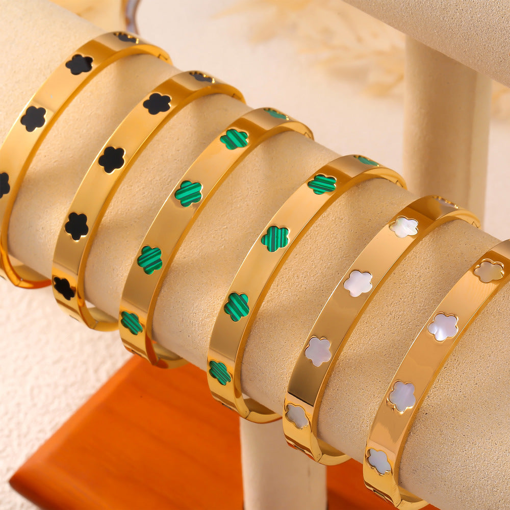 316L Stainless Steel Geometric Mother of Pearl Flower Bangle - Image 8