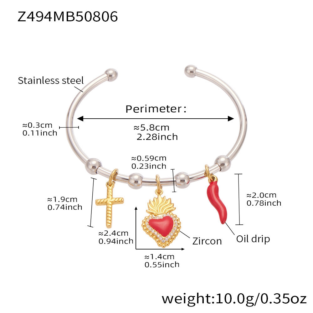 316L Stainless Steel Geometric Open Bangle Set with Enamel Heart & Zircon Starfish Accents - Image 11