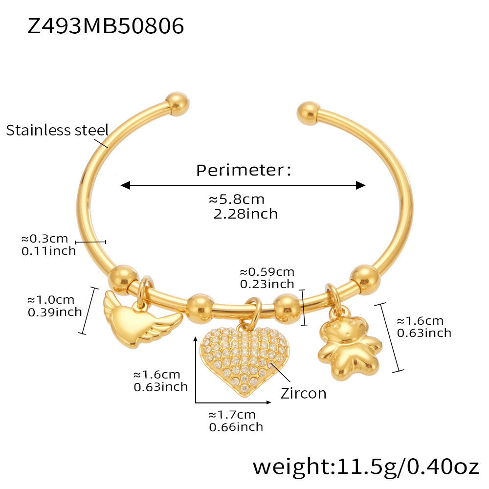316L Stainless Steel Geometric Open Bangle Set with Enamel Heart & Zircon Starfish Accents - Image 3