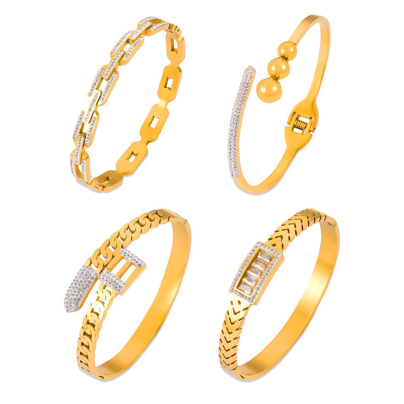 316L Stainless Steel Geometric Zircon Chain Bangle - Image 4