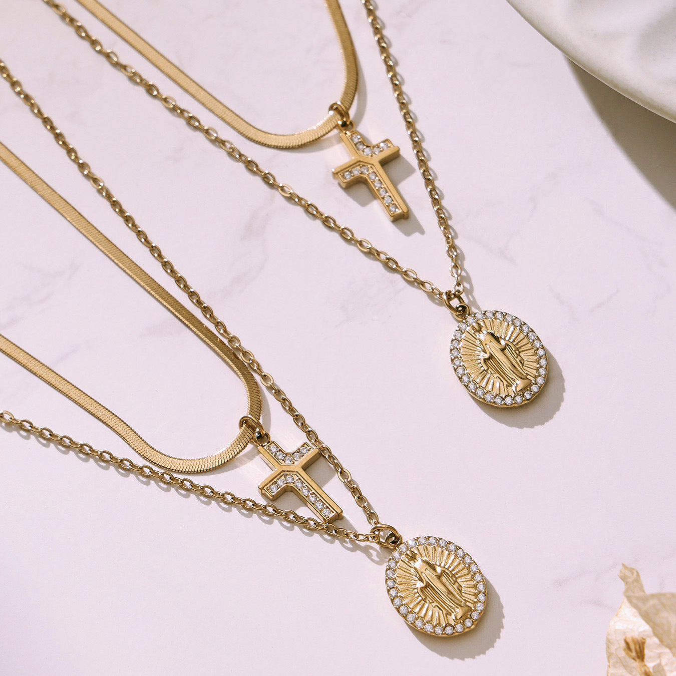 316L Stainless Steel Goddess Round Plate Double Layer Blade Chain Zircon Cross Pendant Necklace - Image 9