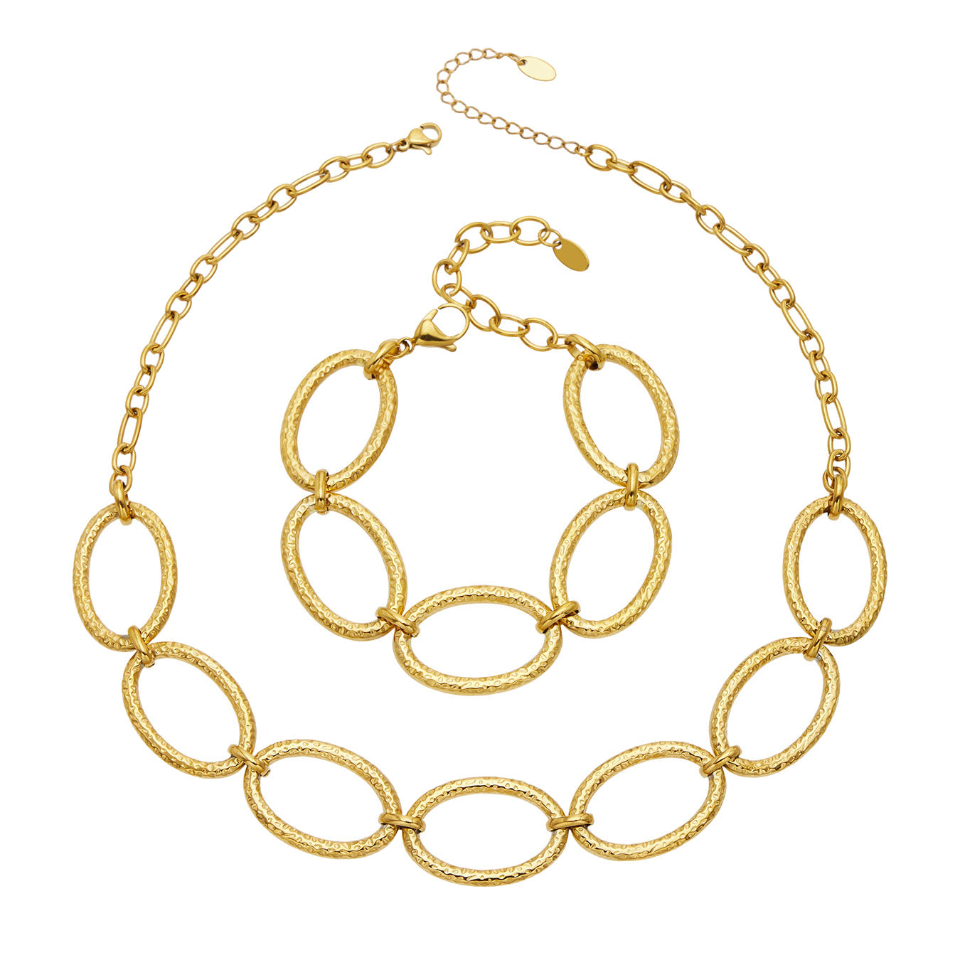 316L stainless steel gold chunky chain necklace and matching bracelet with textured oval links