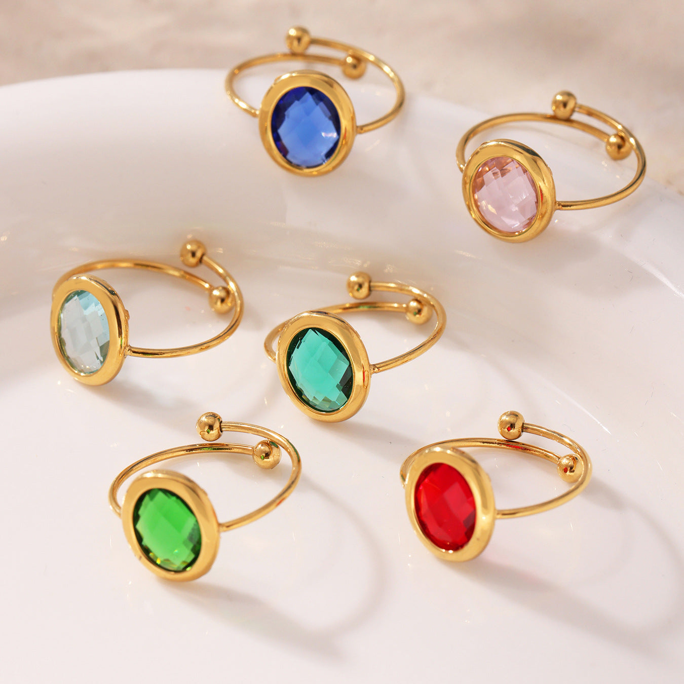316L Stainless Steel 18K PVD Gold Adjustable Czech Glass Gemstone Ring