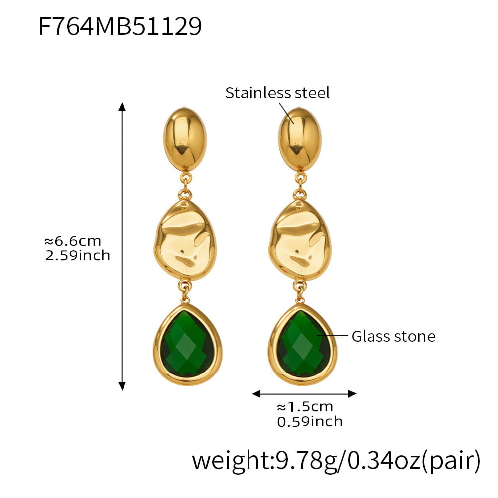 Green Czech glass teardrop earrings crafted from 316L stainless steel with gold plated finish