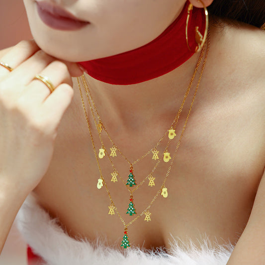 316L Stainless Steel Green Enamel Zircon Christmas Deer & Tree Pendant Necklace - Image 1