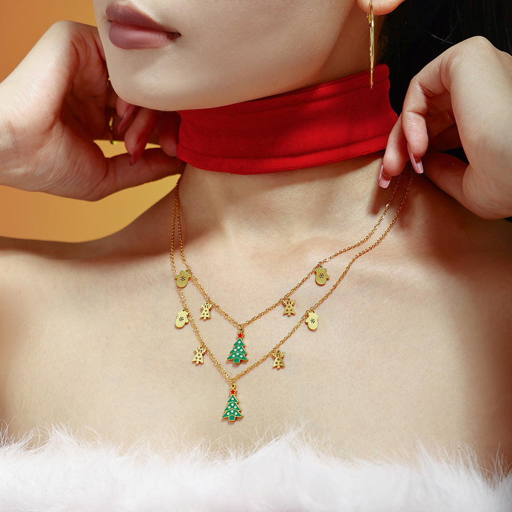 316L Stainless Steel Green Enamel Zircon Christmas Deer & Tree Pendant Necklace - Image 3