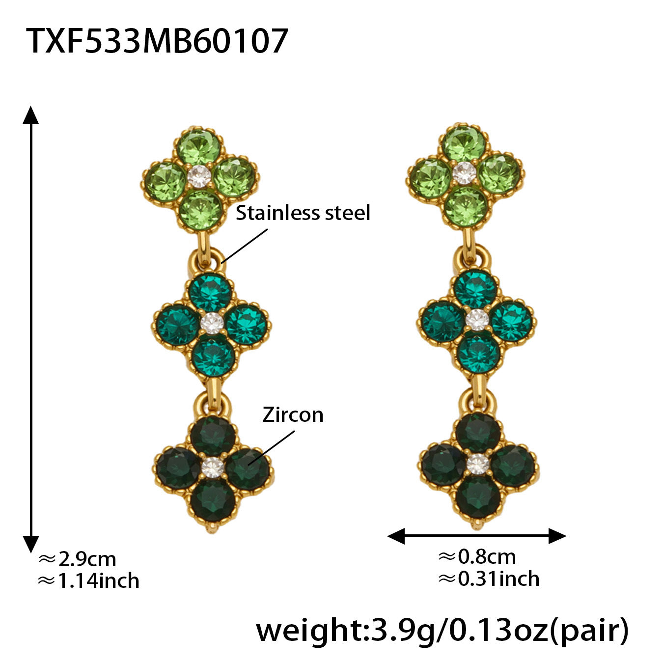 316L Stainless Steel Dopamine Four-Leaf Zircon Jewelry Set – Ring Necklace Bracelet Earrings