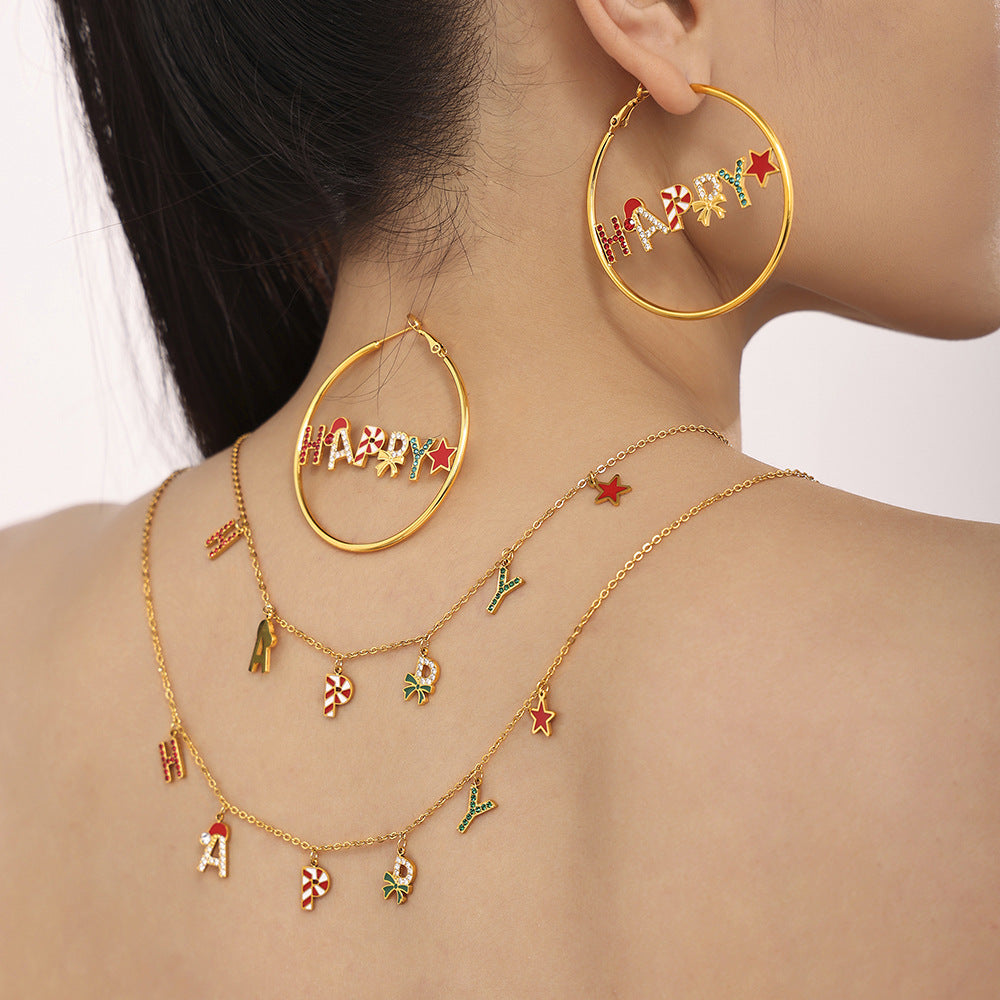 316L Stainless Steel HAPPY Letter Enamel & Zircon Christmas Jewelry Set - Image 6