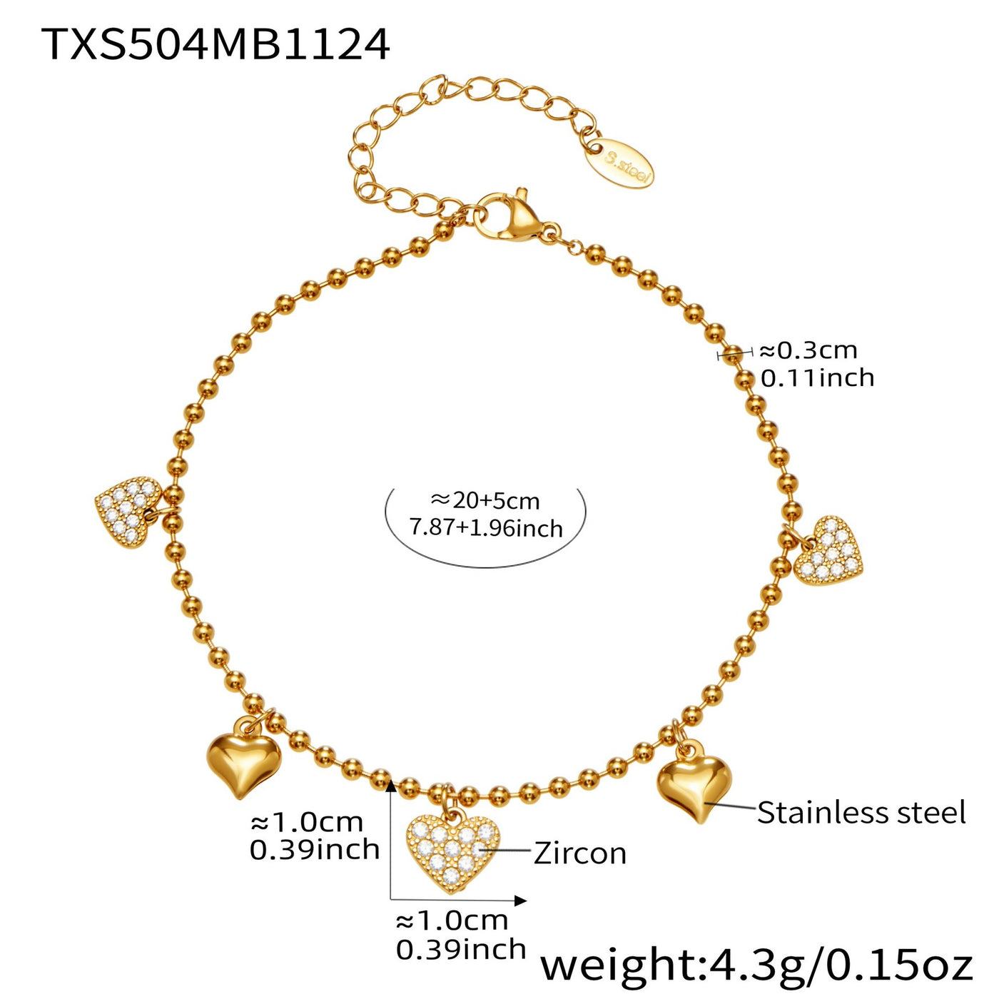 316L Stainless Steel Heart CZ Charm Jewelry Set