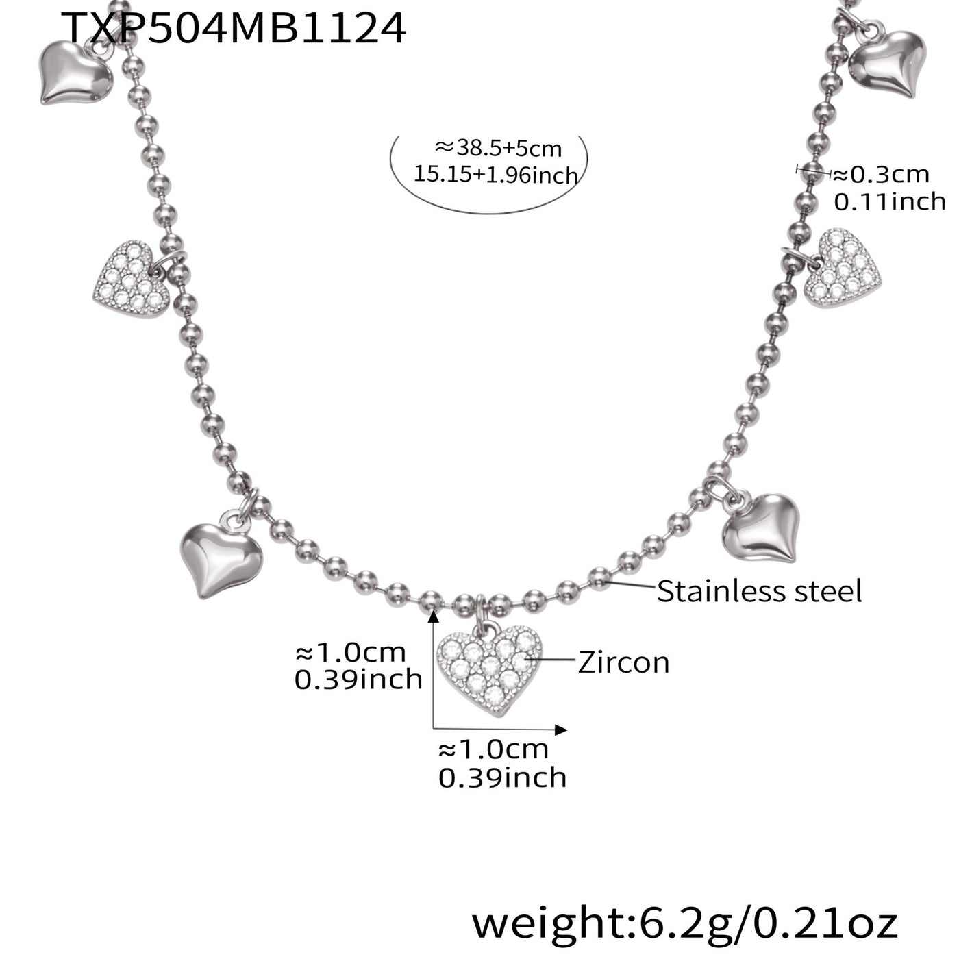 316L Stainless Steel Heart CZ Charm Jewelry Set