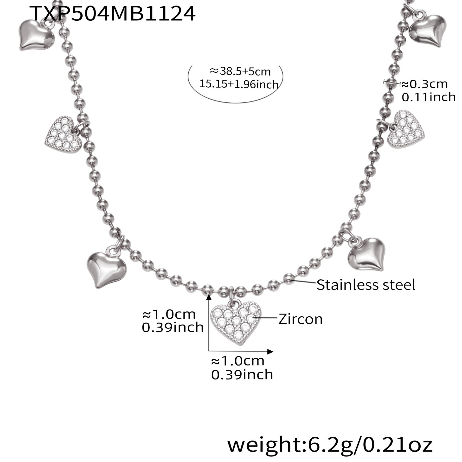 316L Stainless Steel Heart CZ Charm Jewelry Set