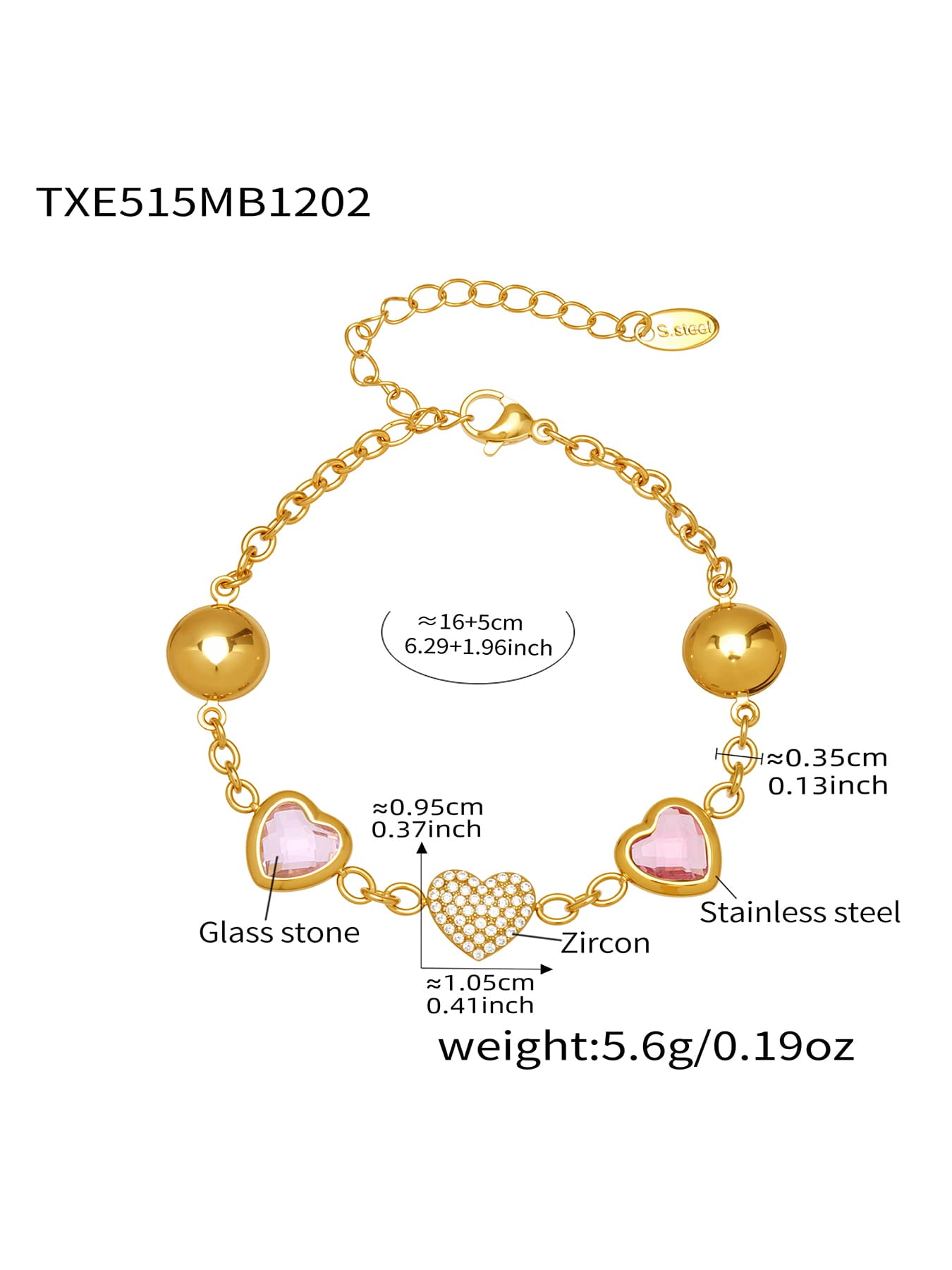 Pink heart glass stone bracelet in 316L stainless steel gold tone with adjustable size