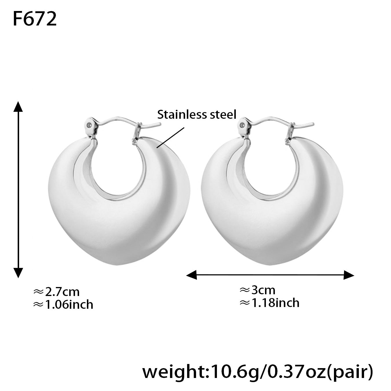 316L stainless steel heart huggie hoop earrings showing size and weight details in steel tone