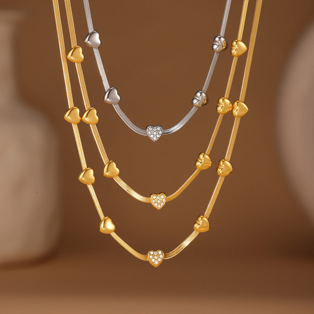 316L Stainless Steel High Polished Small Heart Zircon Multi-Layer Design 18K Gold Plated Collarbone Necklace - Image 8