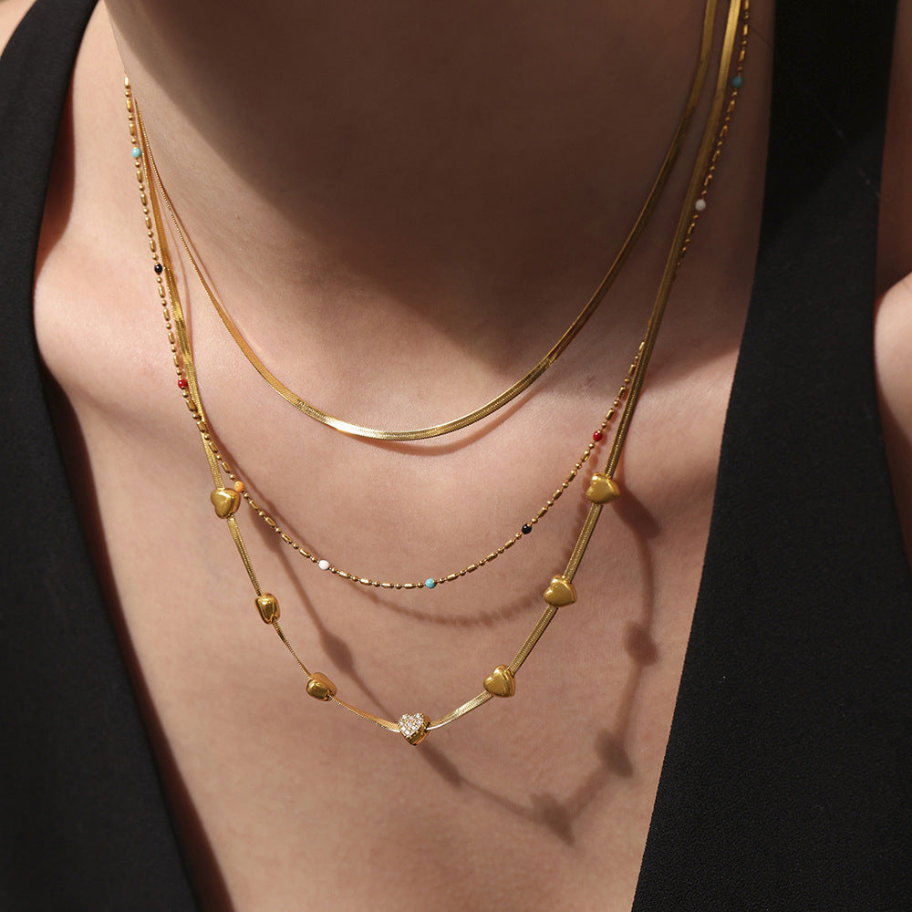 316L Stainless Steel High Polished Small Heart Zircon Multi-Layer Design 18K Gold Plated Collarbone Necklace - Image 9