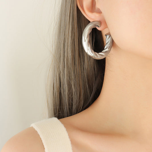 316L Stainless Steel Hollow C-Shape Twisted Hoop Earrings - Twisted Geometric Detail 2