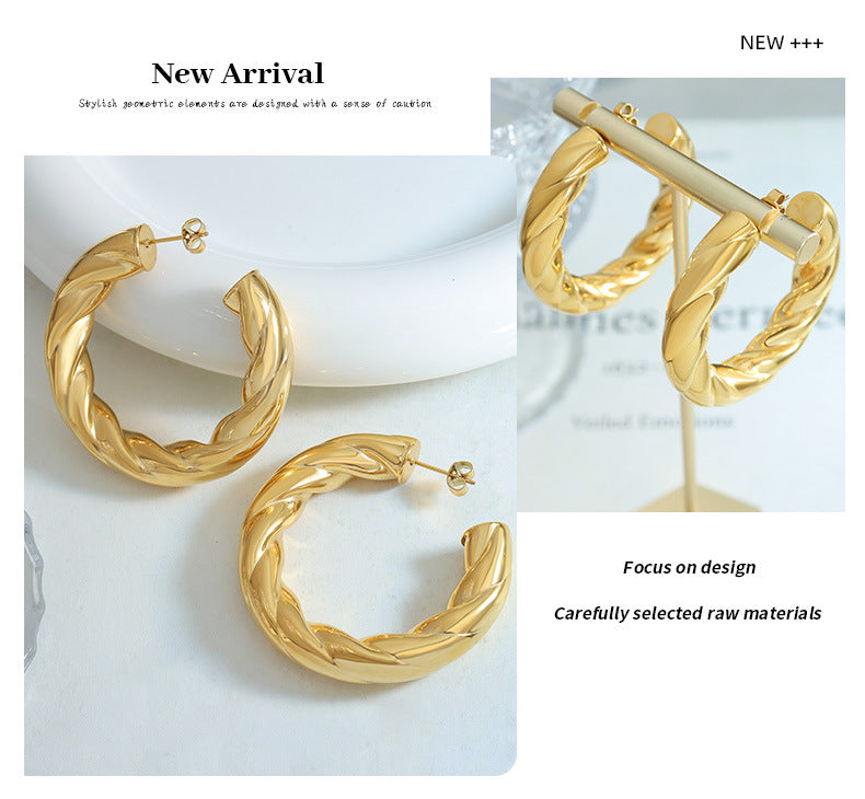 316L Stainless Steel Hollow C-Shape Twisted Hoop Earrings - Twisted Geometric Detail 4