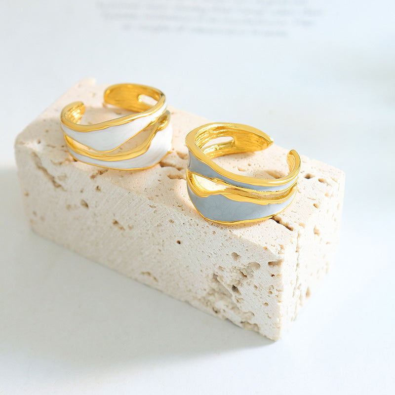 316L Stainless Steel Hypoallergenic Rings Irregular Open Ring with Blue & White Enamel - Irregular Open Ring Gold Enamel Ring Blue Enamel White Enamel Modern Design Minimalist Sensitive Skin Friendly - Detail 2