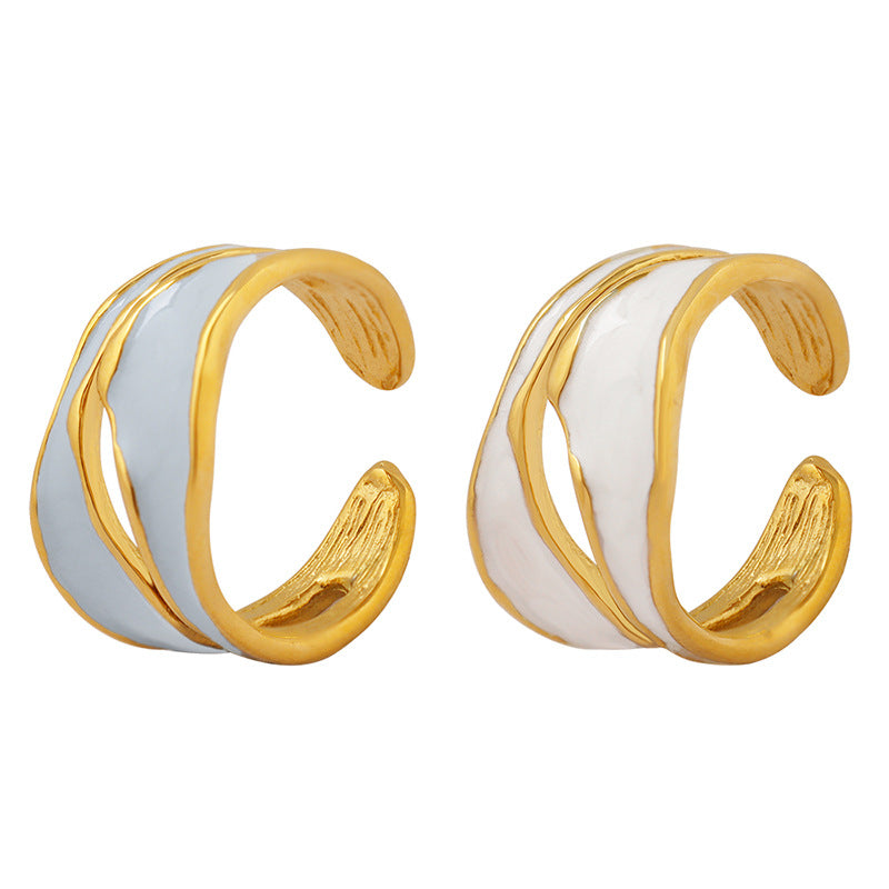 316L Stainless Steel Hypoallergenic Rings Irregular Open Ring with Blue & White Enamel - Irregular Open Ring Gold Enamel Ring Blue Enamel White Enamel Modern Design Minimalist Sensitive Skin Friendly - Detail 4