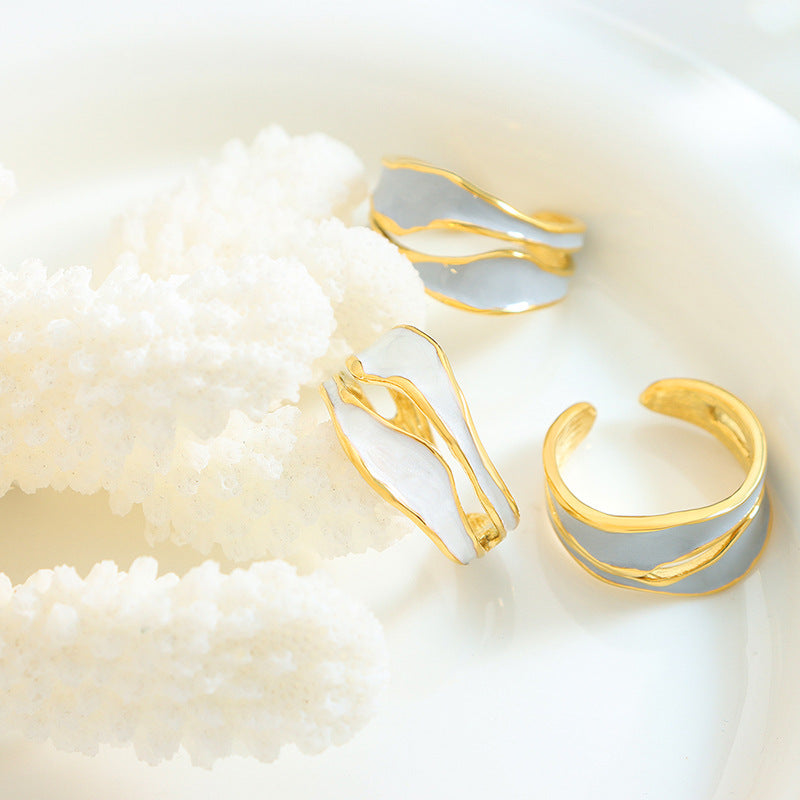316L Stainless Steel Hypoallergenic Rings Irregular Open Ring with Blue & White Enamel - Irregular Open Ring Gold Enamel Ring Blue Enamel White Enamel Modern Design Minimalist Sensitive Skin Friendly - Detail 7