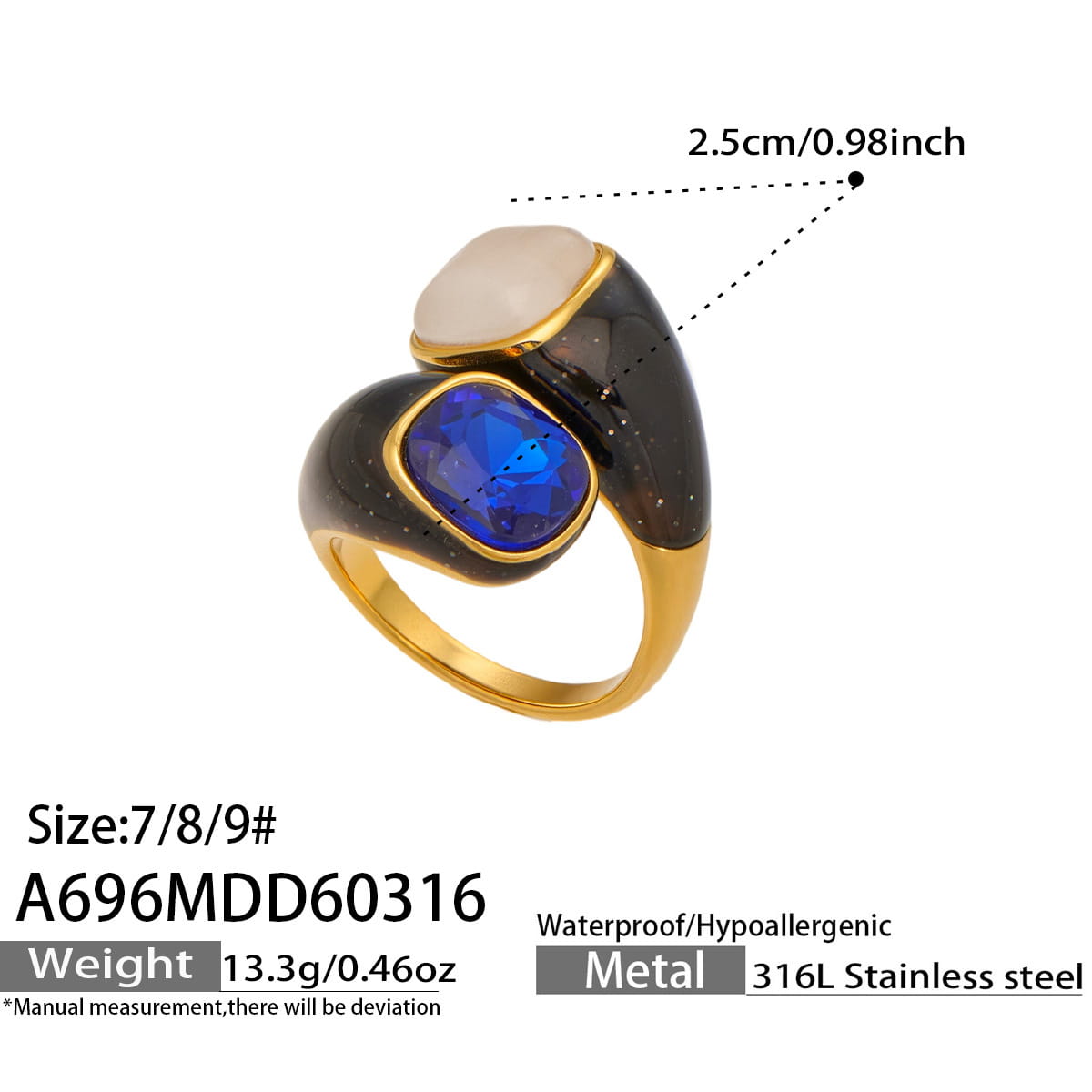 316L Stainless Steel Hypoallergenic Rings Modern Enamel Pearl & Blue Cat Eye Stone - Modern Enamel Pearl Blue Cat Eye Stone 18K Gold Plated Sensitive Skin Friendly - Detail 10