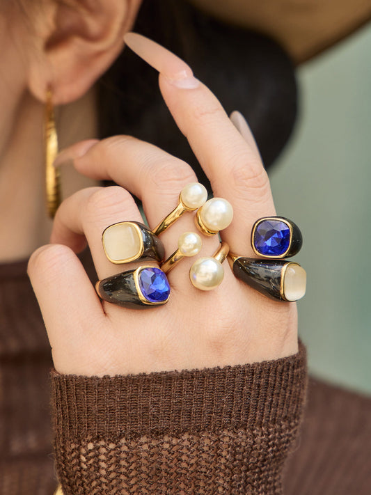 316L Stainless Steel Hypoallergenic Rings Modern Enamel Pearl & Blue Cat Eye Stone - Modern Enamel Pearl Blue Cat Eye Stone 18K Gold Plated Sensitive Skin Friendly - Detail 13