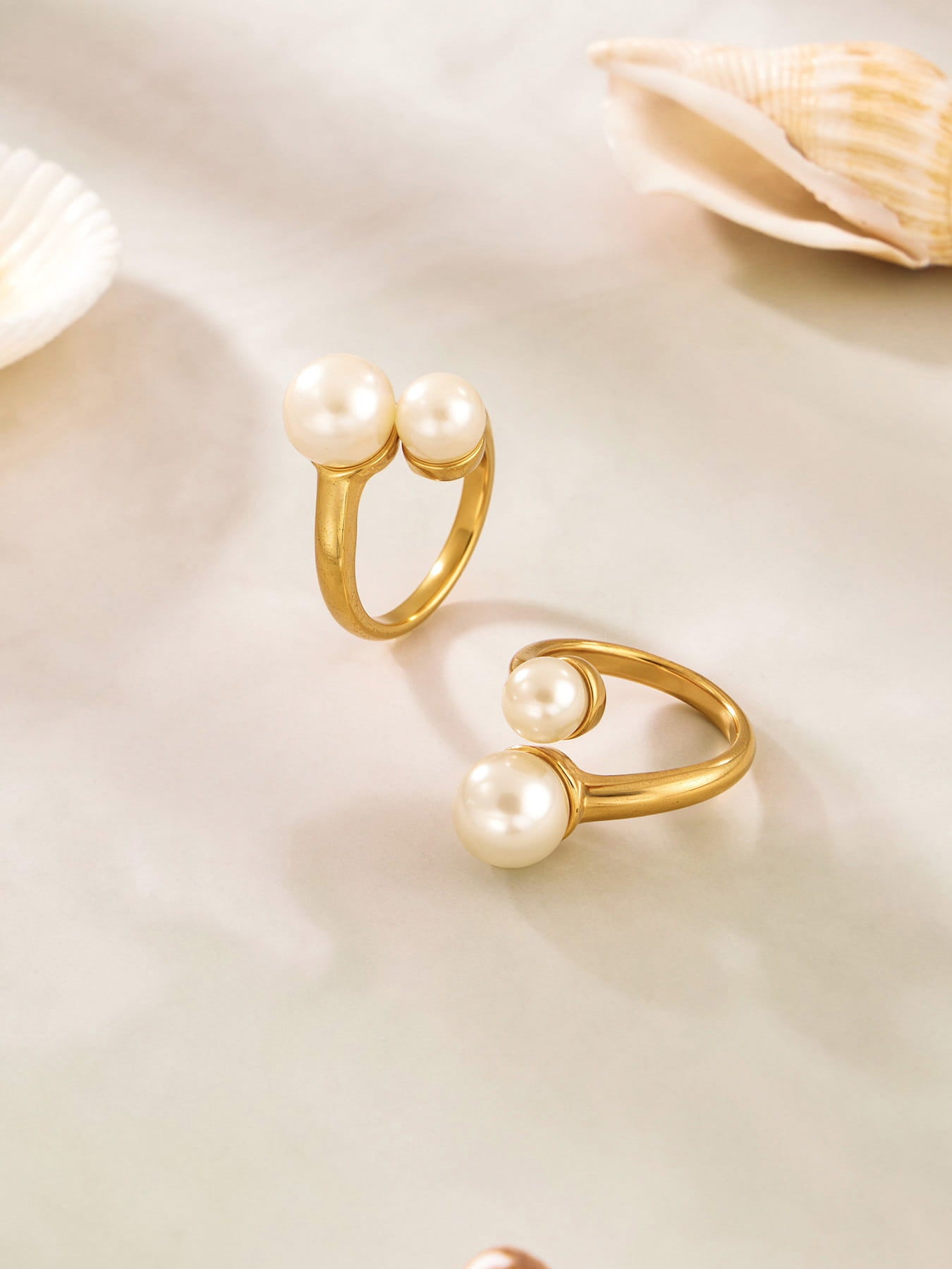 316L Stainless Steel Hypoallergenic Rings Modern Enamel Pearl & Blue Cat Eye Stone - Modern Enamel Pearl Blue Cat Eye Stone 18K Gold Plated Sensitive Skin Friendly - Detail 14