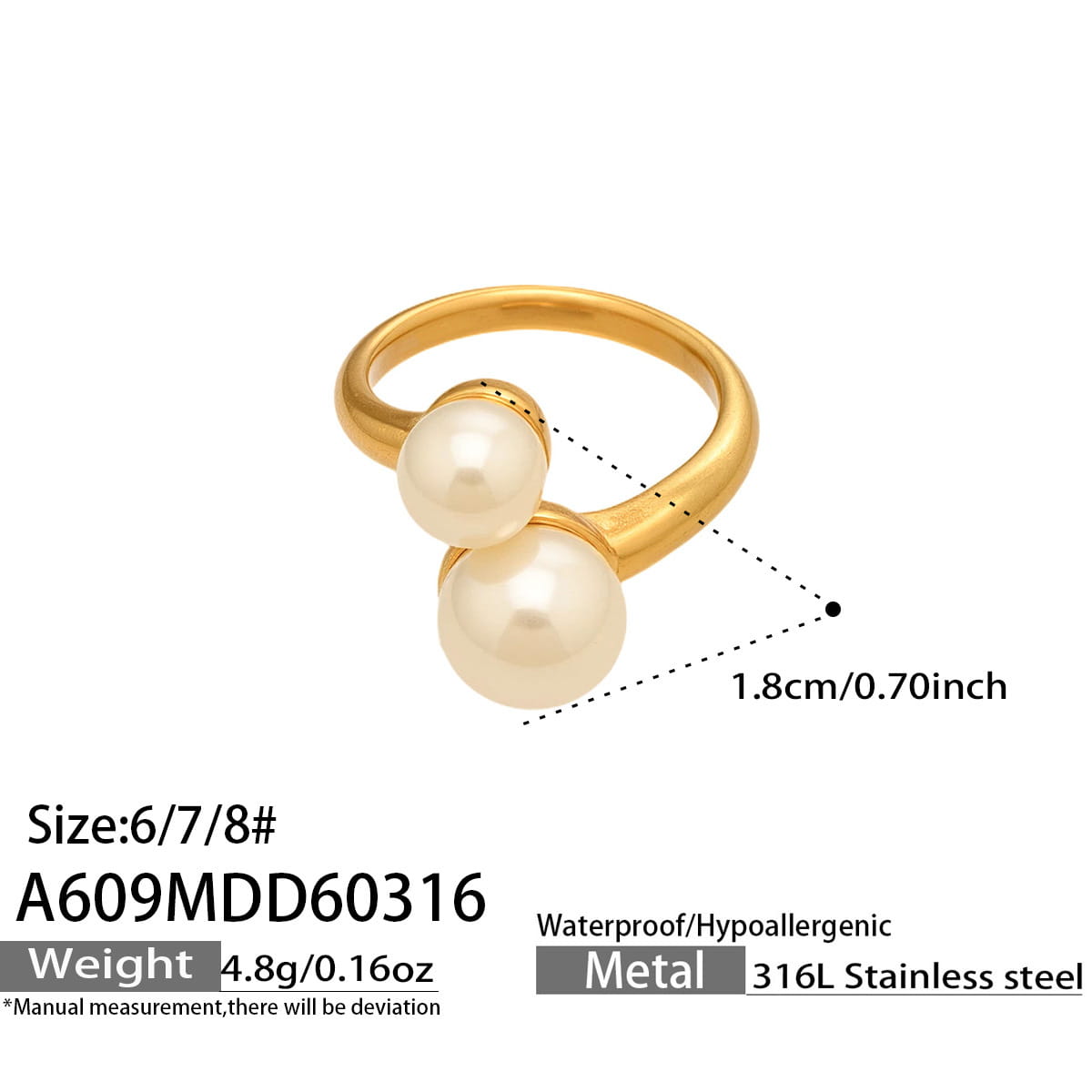 316L Stainless Steel Hypoallergenic Rings Modern Enamel Pearl & Blue Cat Eye Stone - Modern Enamel Pearl Blue Cat Eye Stone 18K Gold Plated Sensitive Skin Friendly - Detail 5
