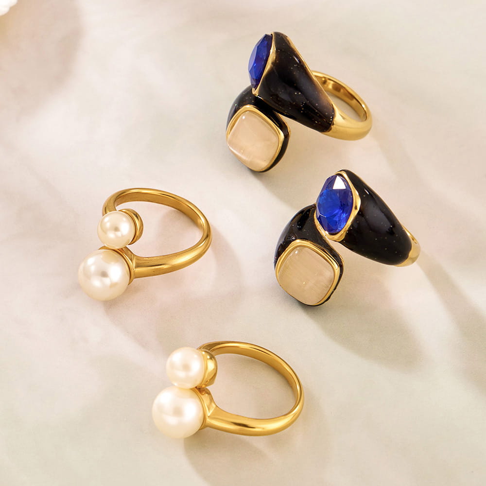 316L Stainless Steel Hypoallergenic Rings Modern Enamel Pearl & Blue Cat Eye Stone - Modern Enamel Pearl Blue Cat Eye Stone 18K Gold Plated Sensitive Skin Friendly - Detail 6