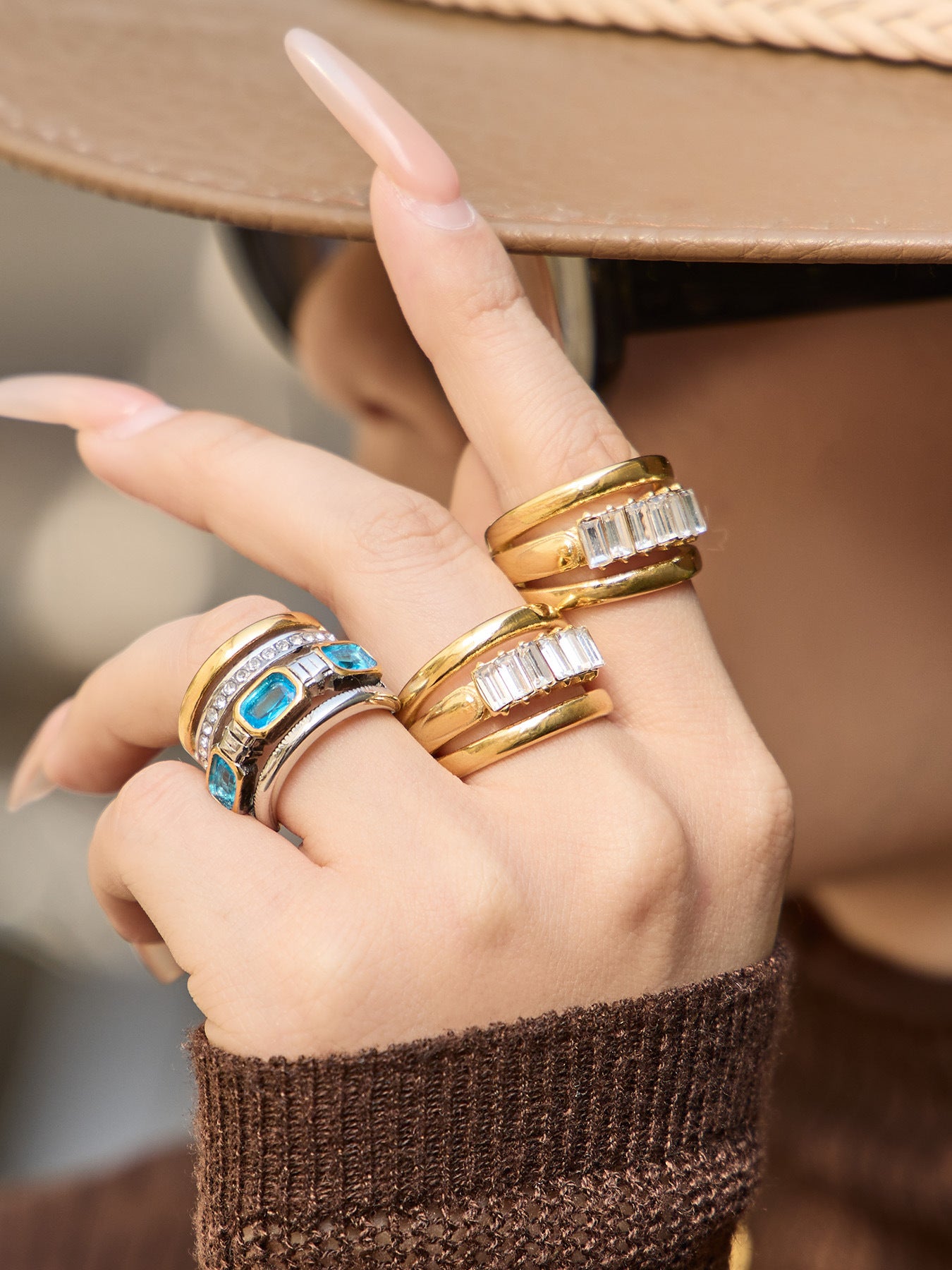 316L Stainless Steel Hypoallergenic Rings Multilayer Two-Tone Square Zircon 18K Gold Plated - Multilayer Two-Tone Square Zircon Gold Plated Elegant Modern Ring Sensitive Skin Friendly - Detail 3
