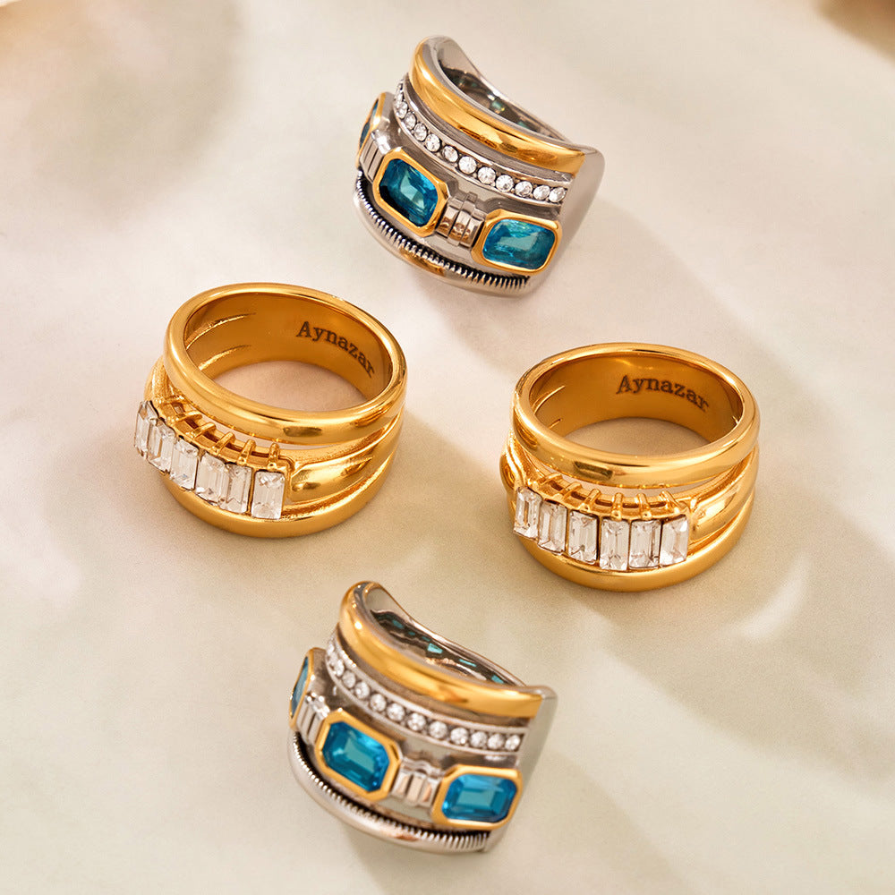 316L Stainless Steel Hypoallergenic Rings Multilayer Two-Tone Square Zircon 18K Gold Plated - Multilayer Two-Tone Square Zircon Gold Plated Elegant Modern Ring Sensitive Skin Friendly - Detail 5