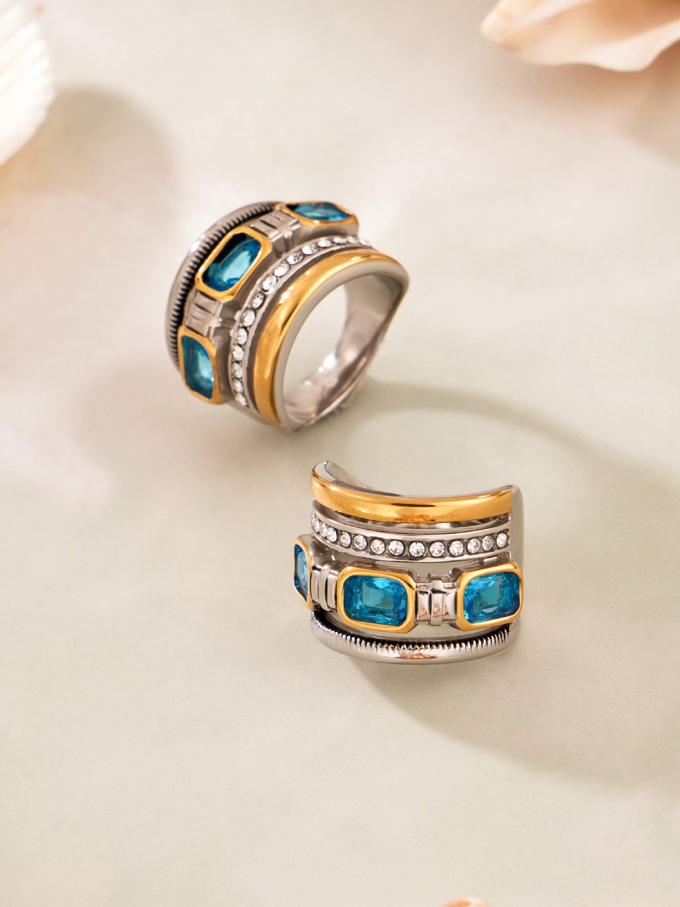 316L Stainless Steel Hypoallergenic Rings Multilayer Two-Tone Square Zircon 18K Gold Plated - Multilayer Two-Tone Square Zircon Gold Plated Elegant Modern Ring Sensitive Skin Friendly - Detail 8