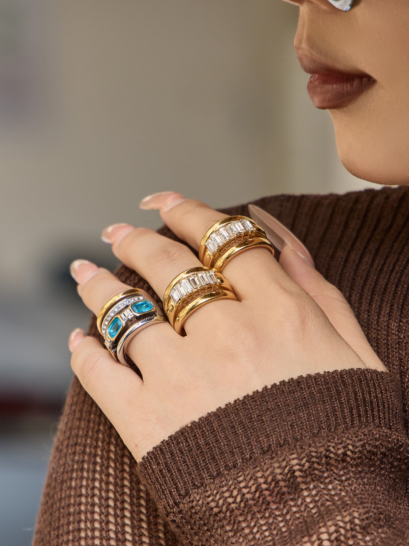 316L Stainless Steel Hypoallergenic Rings Multilayer Two-Tone Square Zircon 18K Gold Plated - Multilayer Two-Tone Square Zircon Gold Plated Elegant Modern Ring Sensitive Skin Friendly - Detail 9
