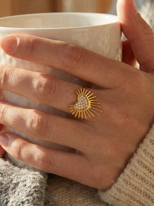 316L Stainless Steel Hypoallergenic Rings with 5A Zircon Heart Wing Open Design - Heart Wing Open Ring Zircon Gold Plated Slim Band Dainty Sensitive Skin Friendly - Detail 6