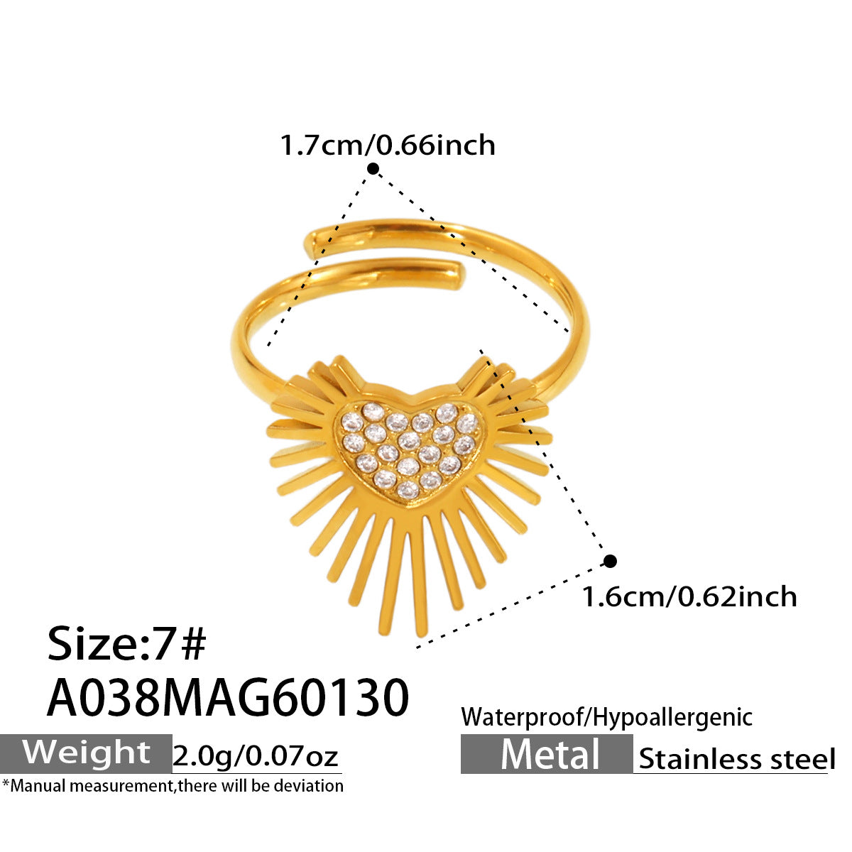 316L Stainless Steel Hypoallergenic Rings with 5A Zircon Heart Wing Open Design - Heart Wing Open Ring Zircon Gold Plated Slim Band Dainty Sensitive Skin Friendly - Detail 9