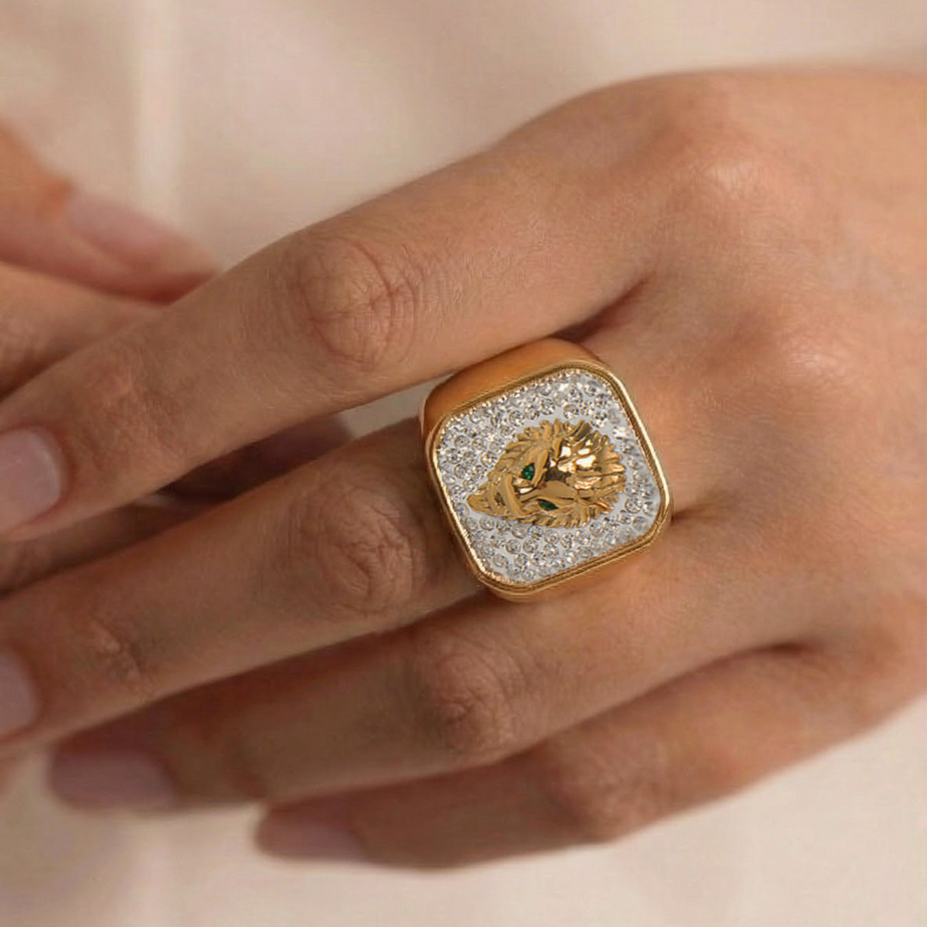316L Stainless Steel Iced Out Lion Head Square Signet Ring, 18K Gold Plated Unisex Hip Hop Ring - Image 4