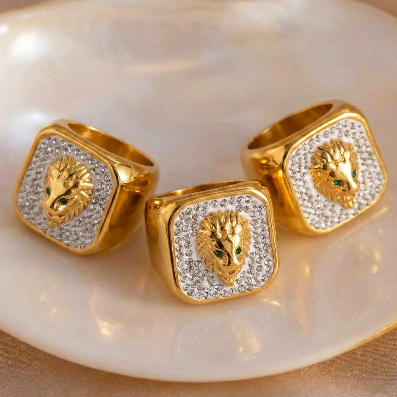 316L Stainless Steel Iced Out Lion Head Square Signet Ring, 18K Gold Plated Unisex Hip Hop Ring - Image 5