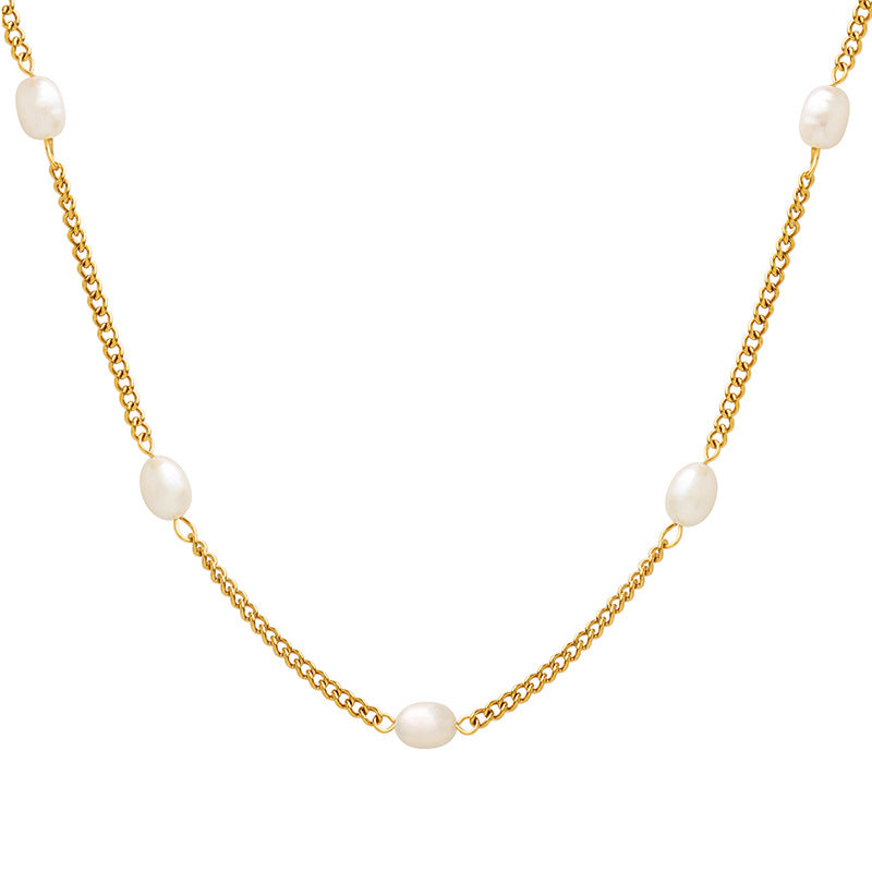 316L Stainless Steel Individual Flat Chain Freshwater Pearl Spliced Necklace - Image 6