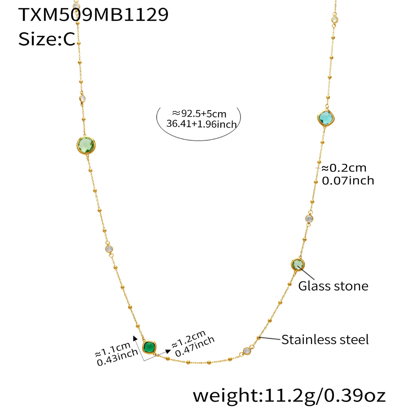 316L stainless steel long glass stone necklace 92cm for wholesale jewelry