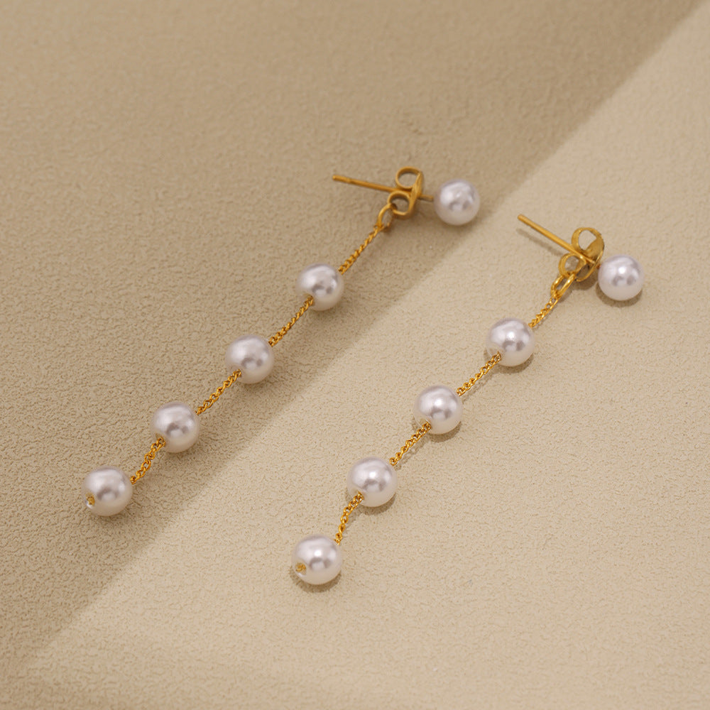 316L Stainless Steel Lustrous Faux Pearl Long Tassel Drop Earrings - Image 7