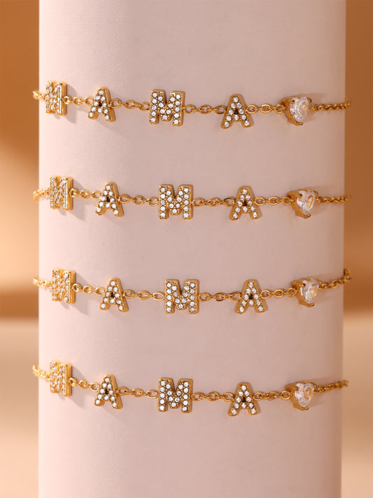 316L Stainless Steel MAMA Heart Zirconia Sparkle Necklace Bracelet Set - MAMA Heart Detail 1