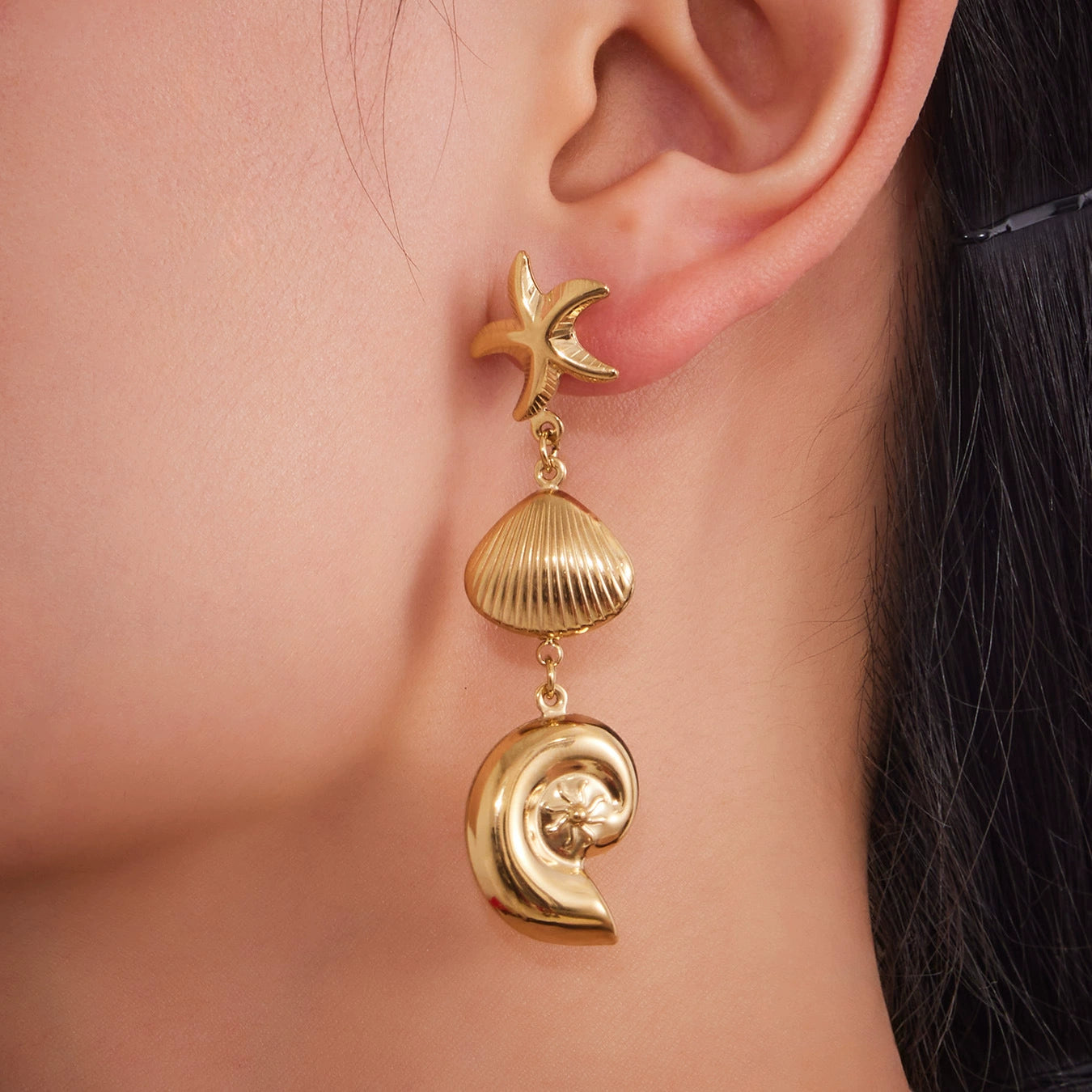 316L Stainless Steel Marine Style Conch & Starfish Statement Earrings - Image 7