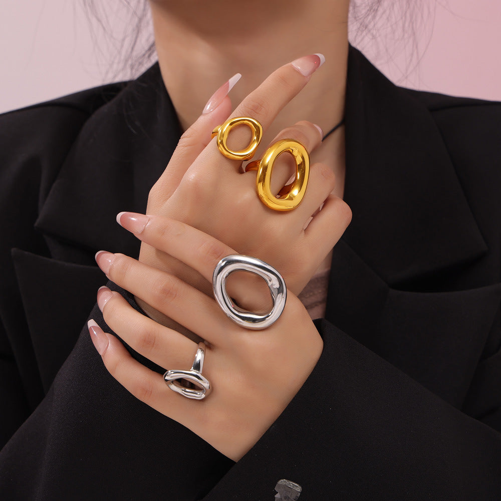 316L Stainless Steel Minimalist Geometric Irregular Hollow Ring - Image 3