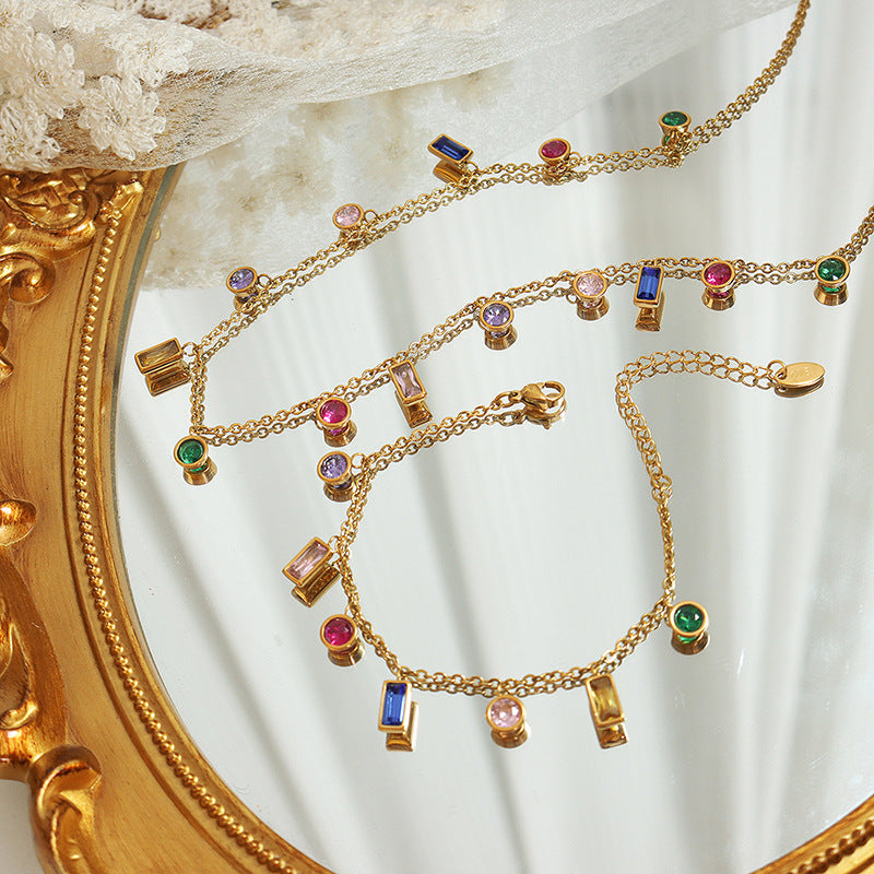 316L Stainless Steel Multi-Color Zircon Tassel Necklace & Chic Bracelet Set - Image 3