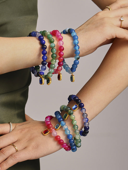 316L Stainless Steel Natural Agate Handmade Elastic Beaded Bracelet - Image 9